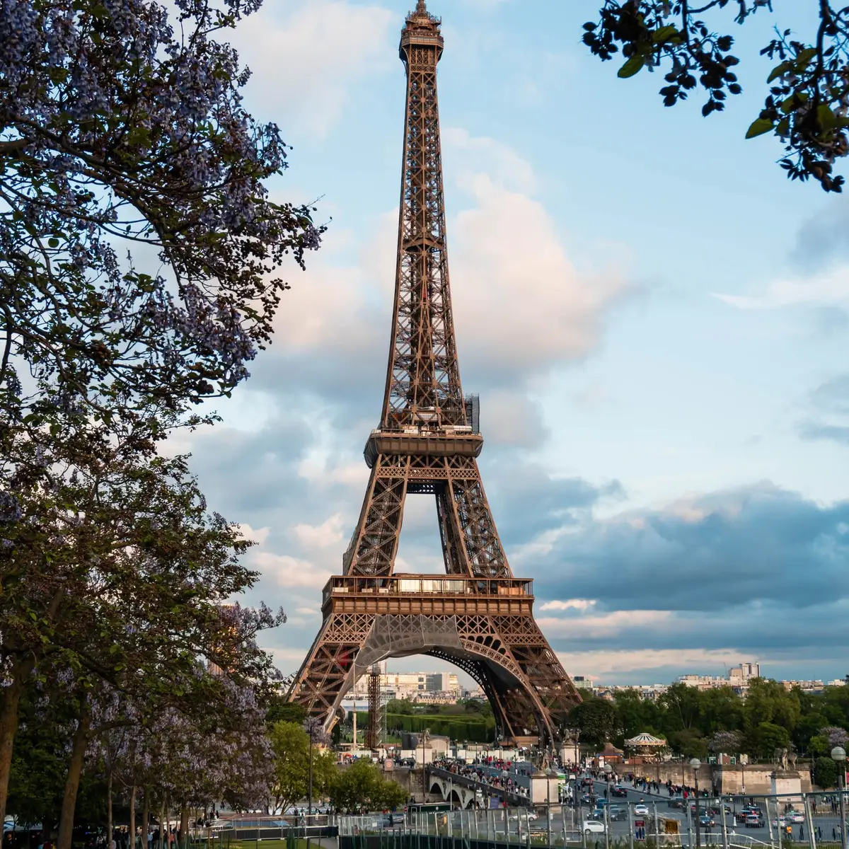 Torre Eiffel emoldurada por árvores, em Paris